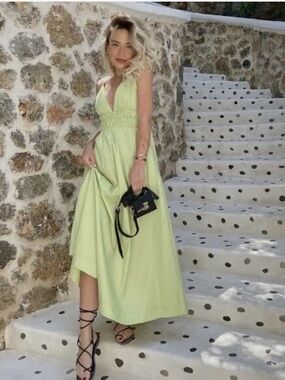 Zara Poplin Lime Green Midi Cotton Dress - M